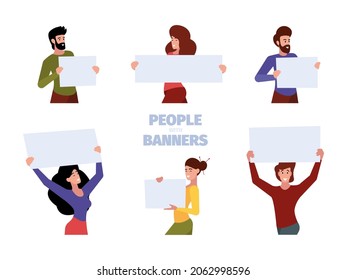 Characters holding banners. People standing with empty white ads placard with place for text group persons political diversity garish vector flat illustrations