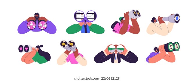Characters holding binoculars in hands set. People looking, searching job, observing, watching, finding and discovering opportunities. Flat graphic vector illustrations isolated on white background