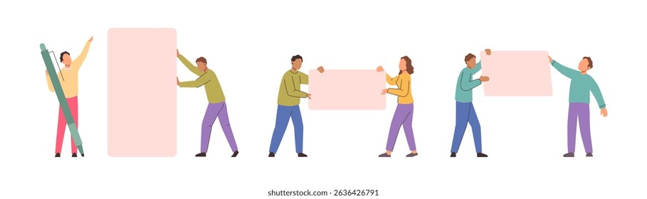 Characters holding blank paper sheets and pencil to sign. Vector in flat style, business documentation or presentation of idea. Displaying or advertising, pitching or showing empty poster