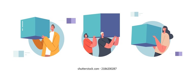 Characters Holding Cubes Or Building Blocks Isolated Icons Or Avatars. Big Data Storage, Blockchain Technology, System Of Distributed Cryptographic Data Elements. Cartoon People Vector Illustration