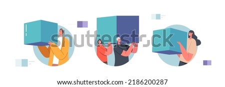 Characters Holding Cubes Or Building Blocks Isolated Icons or Avatars. Big Data Storage, Blockchain Technology, System Of Distributed Cryptographic Data Elements. Cartoon People Vector Illustration