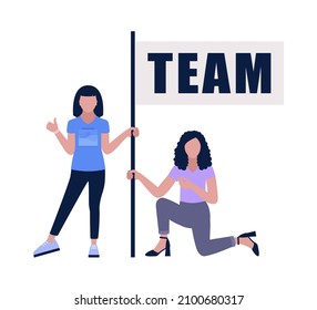 Characters holding a flag with the words team. Vector illustration in a flat style