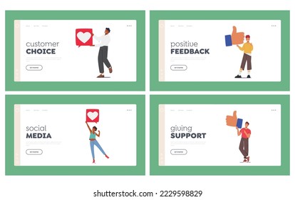 Characters Holding Like Icons Landing Page Template. Followers Gives Like in Networks. People With Hearts and Big Thumbs Up Social Media Community Communication. Cartoon People Vector Illustration