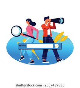 Characters holding magnified glass and telescope in hands  ,search bar Flat graphic vector