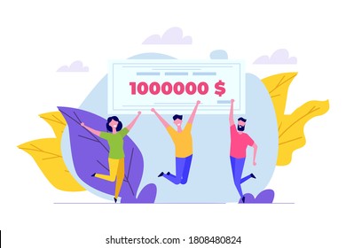 Characters holding money prize, bank check for a million dollars. Winning lottery ticket. Vector illustration in flat design.