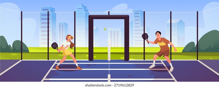 Personajes sosteniendo raquetas de pádel en una cancha contra un fondo de paisaje urbano. Ocio activo, ocio, estilo de vida y hobby. Temas de fitness, deportes y entrenamiento. Ilustración vectorial. Estilo de dibujos animados.