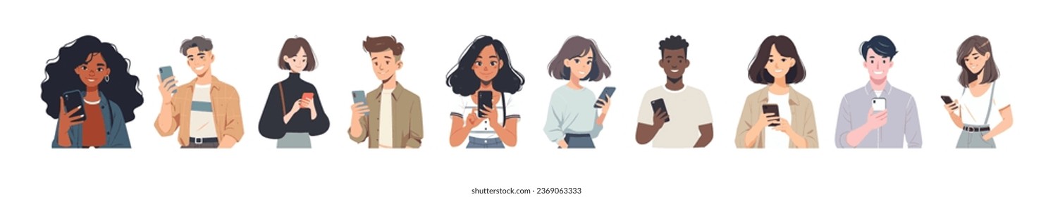 Personajes que sostienen smartphones. La gente usa teléfonos móviles, chat, navegar por Internet. Ilustraciones vectoriales planas aisladas en fondo blanco.