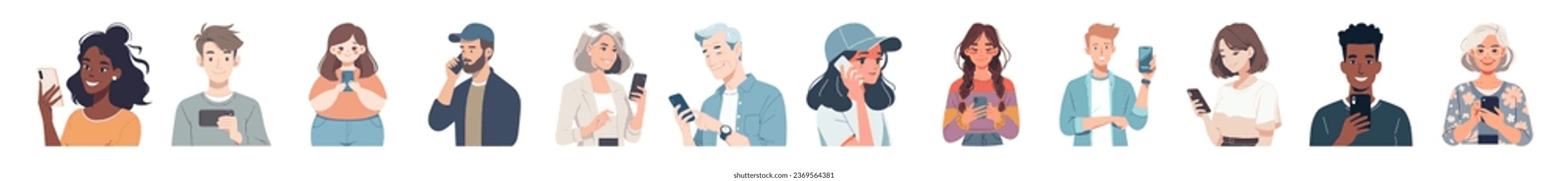 Characters holding smartphones. People use mobile phones, chat, surf the internet. Flat vector illustrations isolated on white background.