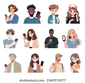 Characters holding smartphones. People use mobile phones, chat, surf the internet. Flat vector illustrations isolated on white background.