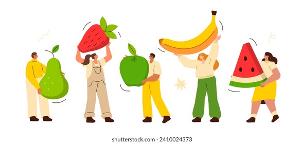 Personajes con frutas y bayas de verano. Colecciones de hombres y mujeres llevando manzana, sandía, plátano, fresa. Ilustración vectorial plana aislada en fondo blanco 