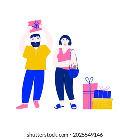 Characters with holiday boxes. A man standing next to a woman and holding birthday present in his hands. Simple vector flat illustration with people and gifts