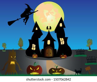Characters for the holiday Halloween. Black castle, flying witch, pumpkins, cat, trees. objects, silhouettes