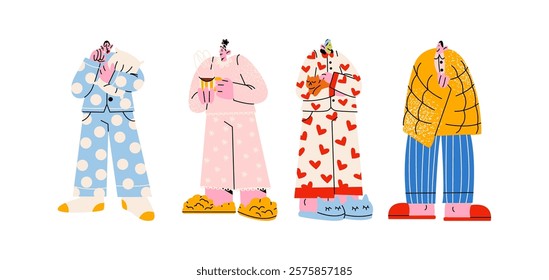 Characters in home pajamas and mask on face. Women and men comfortable cozy clothes, nightgowns, pillows. Cartoon mascots with blanket, pillow, home comfort. Vector hand drawn people