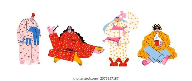 Characters in home pajamas and mask on face. Women and men comfortable cozy clothes, nightgowns, pillows. Cartoon mascots with blanket, pillow, home comfort. Vector hand drawn people