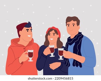 Characters With Hot Drinks. Winter Happiness, Mulled Wine Or Coffee Drink For A Snowy Winter.Friends Spend Time Together Colorful Vector Illustration In Flat Cartoon Style.