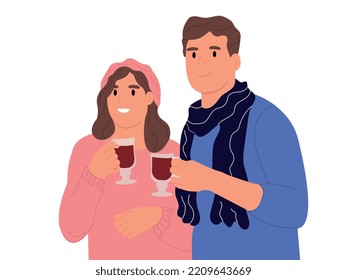Characters With Hot Drinks. Winter Happiness, Mulled Wine Or Coffee Drink For A Snowy Winter. Friends Spend Time Together Vector Illustration In Flat Cartoon Style.