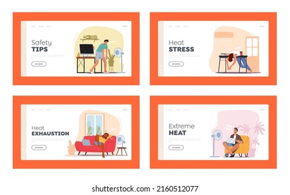 Characters at Hot Summer Landing Page Template Set. People Sweltering in Heat, Men and Women Trying to Work Use Fans or Conditioners to Get a Little Bit Cool or Refreshing. Cartoon Vector Illustration