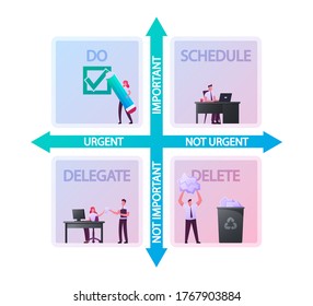 Characters at Huge Eisenhower Matrix. Time Management Plan Scheme. Diagram with Deadline Organization and Project Process Efficient Control, To Do List Schedule. Cartoon People Vector Illustration