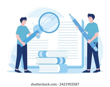 characters with huge magnifying glass and  pencil edit and correct mistakes in book trending concept flat illustration