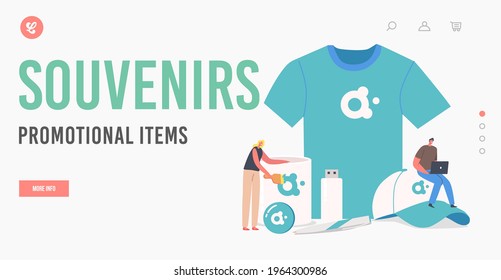 Characters with Huge Promotional Products for Brand Identity Landing Page Template. Man and Woman with T-Shirt, Cap, Usb Memory Stick and Mug with Company Logo. Cartoon People Vector Illustration