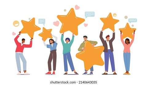 Characters with Huge Rate Stars, Consumer and User Review, Rating Concept with Smiling People Holding Golden Stars as Rating Result, Clients Feedback, Good Experience. Cartoon Vector Illustration