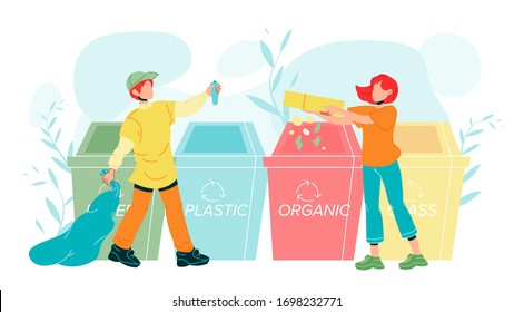 Characters Human Sorting Recycling Garbage Vector. Young Man With Trash Bag Throw Recycling Plastic Bottle And Woman Organic Rubbish From Carton Box In Containers. Flat Cartoon Illustration