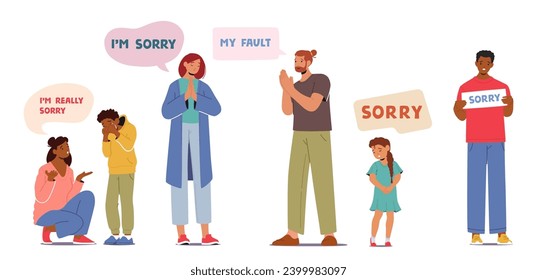 Characters Humbly Express Remorse, Uttering Sincere Apologies, Seeking Reconciliation And Understanding, Saying Sorry. People Mending Bonds And Acknowledging Mistakes. Cartoon Vector Illustration