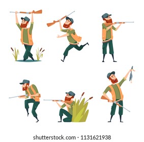 Characters of hunters. Vector cartoon illustrations of various hunter mascots. Hunter character with rifle and duck