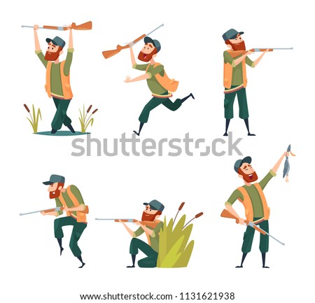 Characters of hunters. Vector cartoon illustrations of various hunter mascots. Hunter character with rifle and duck