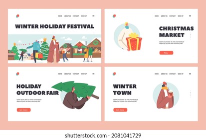 Characters Hurry for Winter Holiday Festival Landing Page Template Set. Happy People on Christmas Market. Men and Women Buy Gifts, Tree, Carry Shopping Bags with Presents. Cartoon Vector Illustration