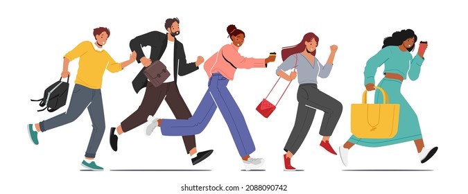 Characters Hurry at Work due to Oversleep or Traffic Jam. Businessmen, Businesswomen or Students with Bags and Coffee Run, Late in Office, People in Stress Work Situation. Cartoon Vector Illustration