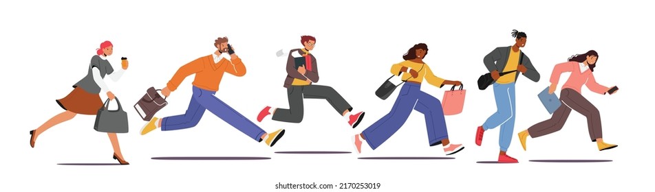 Characters Hurry at Work due to Oversleep or Traffic Jam. Businessmen, Businesswomen or Students with Bags and Coffee Run, Late in Office, People in Stress Work Situation. Cartoon Vector Illustration