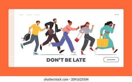 Characters Hurry at Work Landing Page Template. Businessmen, Businesswomen or Students with Bags and Coffee Run, Late in Office, People in Stress Work Situation. Cartoon Vector Illustration