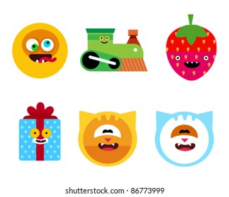 Characters icon set. Contains smile, train, strawberry, gift box, cat