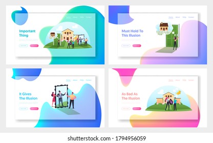 Characters and Illusions Landing Page Template Set. People Victim of Deception and Cheaters. Man Take Sack with Trash Think of Money inside, Woman Stand at Door, Mirror. Cartoon Vector Illustration