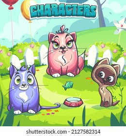 Characters illustration - cute funny pink, purple, brown cats, air balloons over green spring hills. For print on demand, magazines and newspapers, book covers.