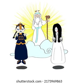 Characters illustration of a guardian spirit, a Chinese zombie and a virgin ghost are together