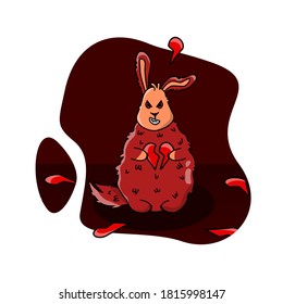 Characters illustration, vector animals. Angry rabbit with a broken heart
