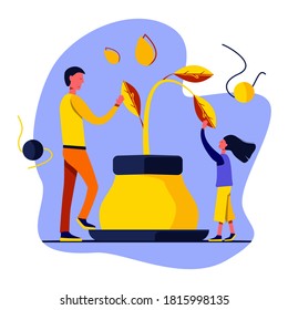 Ilustración de caracteres, personas vectoriales. Un hombre y una niña tocando una planta en maceta