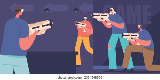 Characters Immerse In A Virtual Reality Team Game, Armed With Futuristic Guns. Collaborate With Teammates