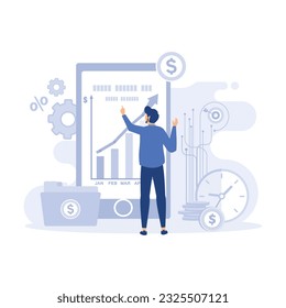 Characters investing money in stock market. latest stock market news and other data. People analyzing financial graphs, flat vector modern illustration