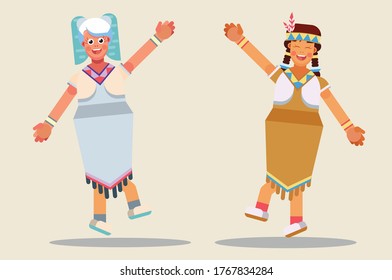 Characters of joyful girls. Thanksgiving theme. Simple character vector illustration.
