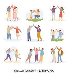 Characters joyful give five set. Gesture of cheerful successful team meeting sudden good news people clap their hands friendly partnership happy childrens game. Communication vector .