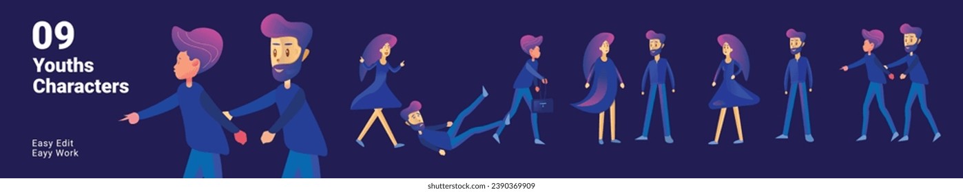 Characters jumping in melee. Excited guys. Active, free men, women with positive energy. Flat vector illustrations set isolated on solid background