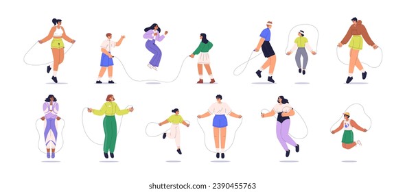 Characters jumping with skipping rope set. Cardio workout, kids game. Happy people doing aerobic exercise, sports activity. Hops training. Flat vector illustrations isolated on white background