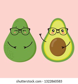 Characters kawaii cute two avocado in glasses with a smile and seed. It can be used for sticker, patch, phone case, poster, t-shirt, mug and other design.