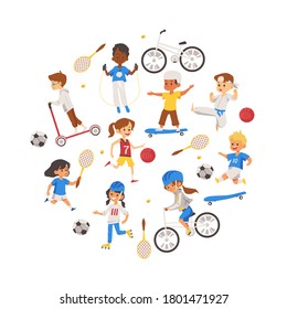 Characters of kids playing sports. Physical activity of children in the gym and outdoors. Vector illustration isolated on a white background.