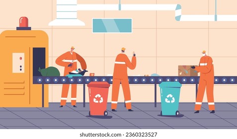 Characters Labor On A Garbage Processing Belt, Sorting, Separating And Compressing Waste Materials For Recycling