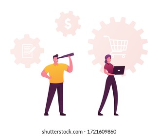 Characters with Laptop and Spyglass at Shopping Trolley and Dollar Icons. Scm, Supply Chain Management, Procurement, Goods Purchase Deal between Seller and Buyer. Cartoon People Vector Illustration