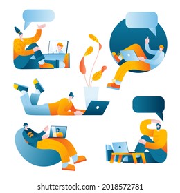 Los personajes con laptops se comunican a través de la comunicación por video. Un conjunto de ilustraciones vectoriales sobre el tema de promesas remotas y conferencias de Internet.